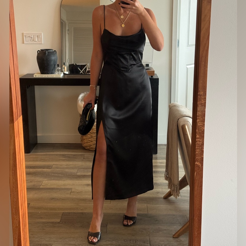 Zara Satin Effect Corset Midi Dress Black Size Medium